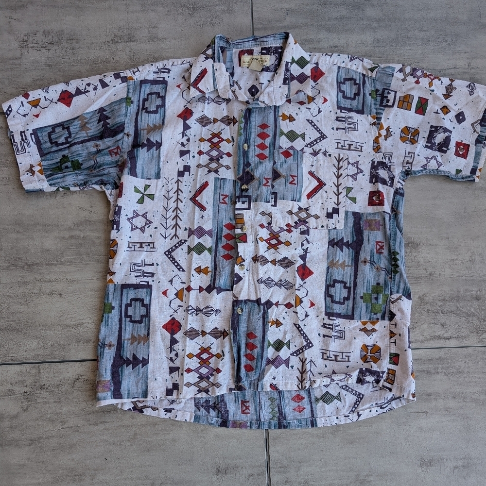 Vintage Natural Issue White Linen Aztec Men's Button Down Shirt Large